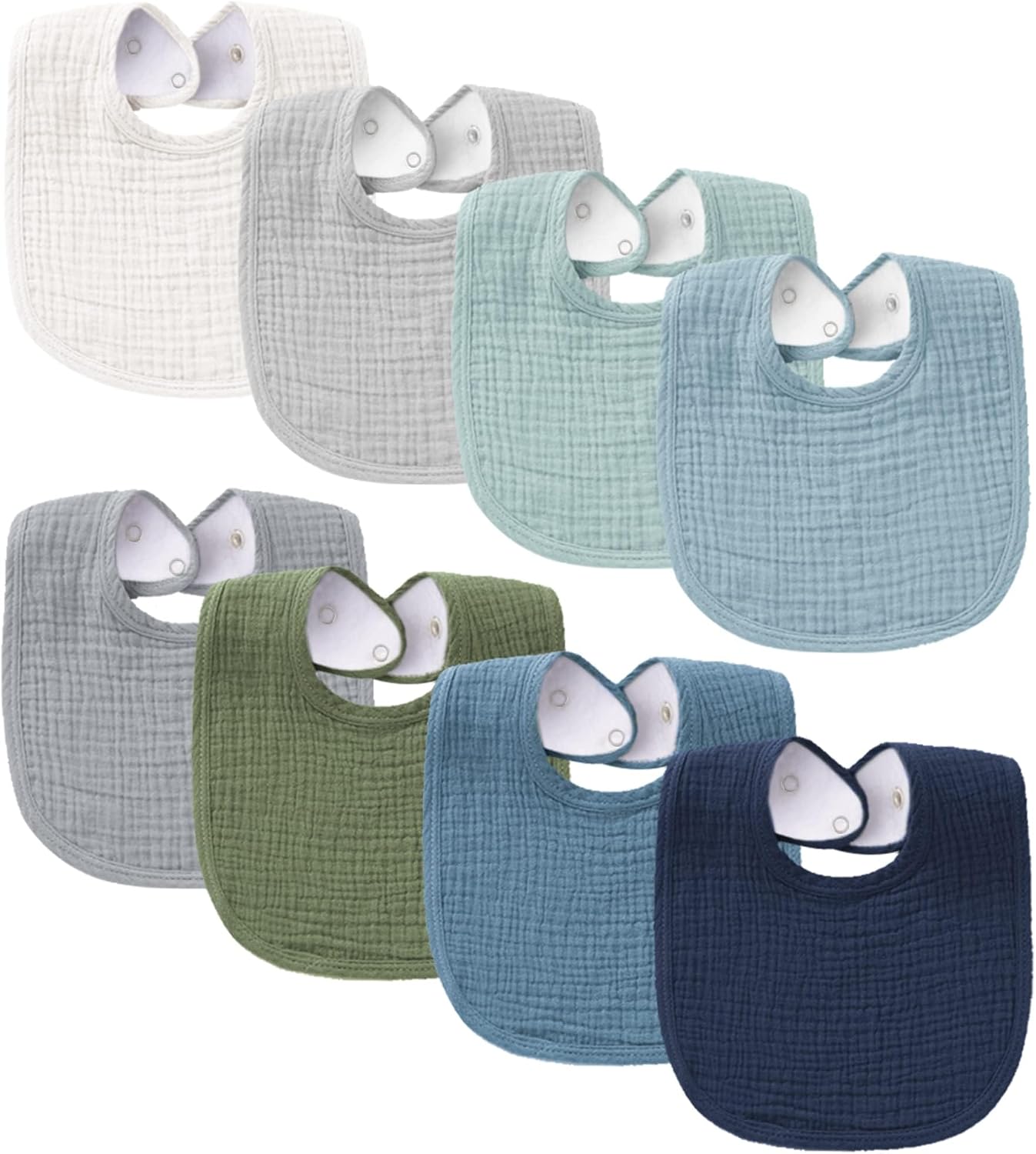 Soft cotton baby bandana bibs, set of 8 pieces in solid colors.