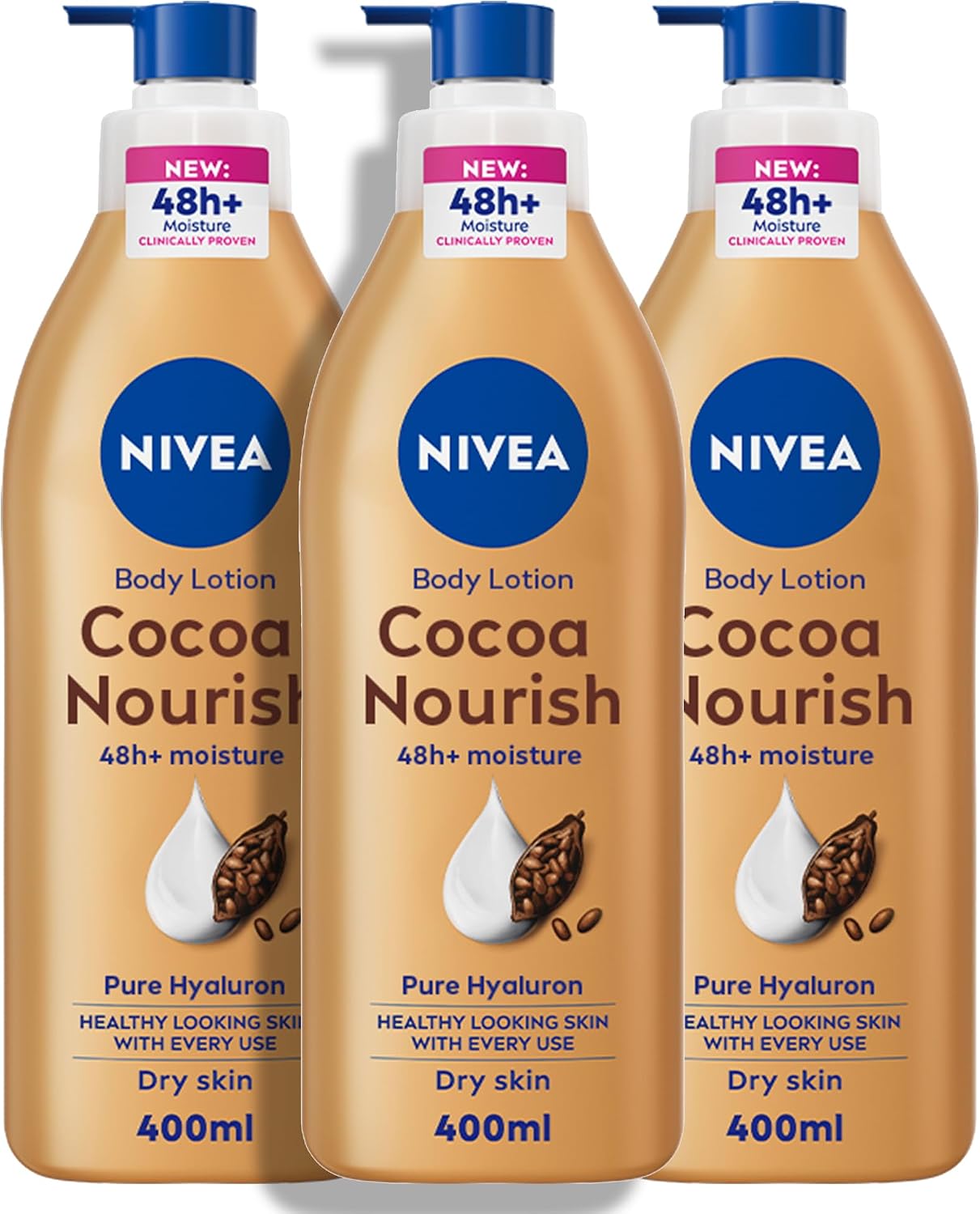 Three bottles of NIVEA Cocoa Butter & Vitamin E Body Lotion, 400ml each, designed for dry…