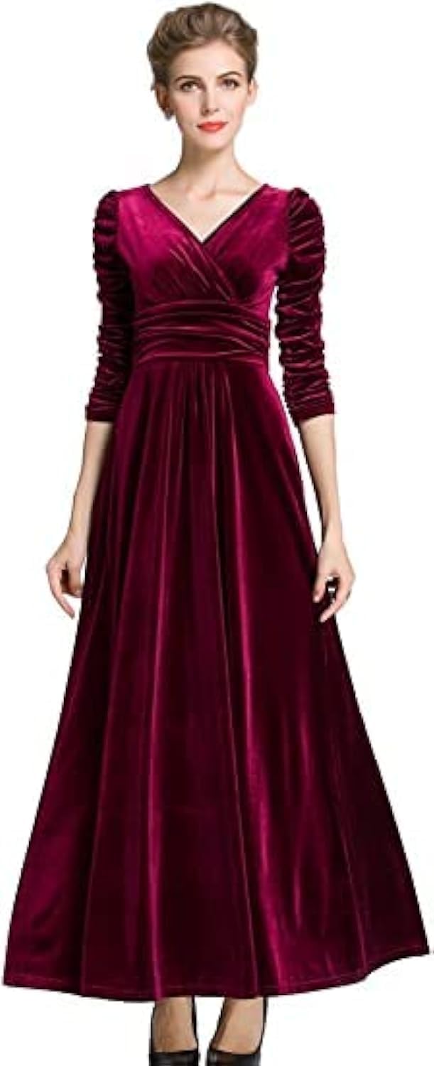 Wine red velvet maxi dress with long sleeves and V-neckline