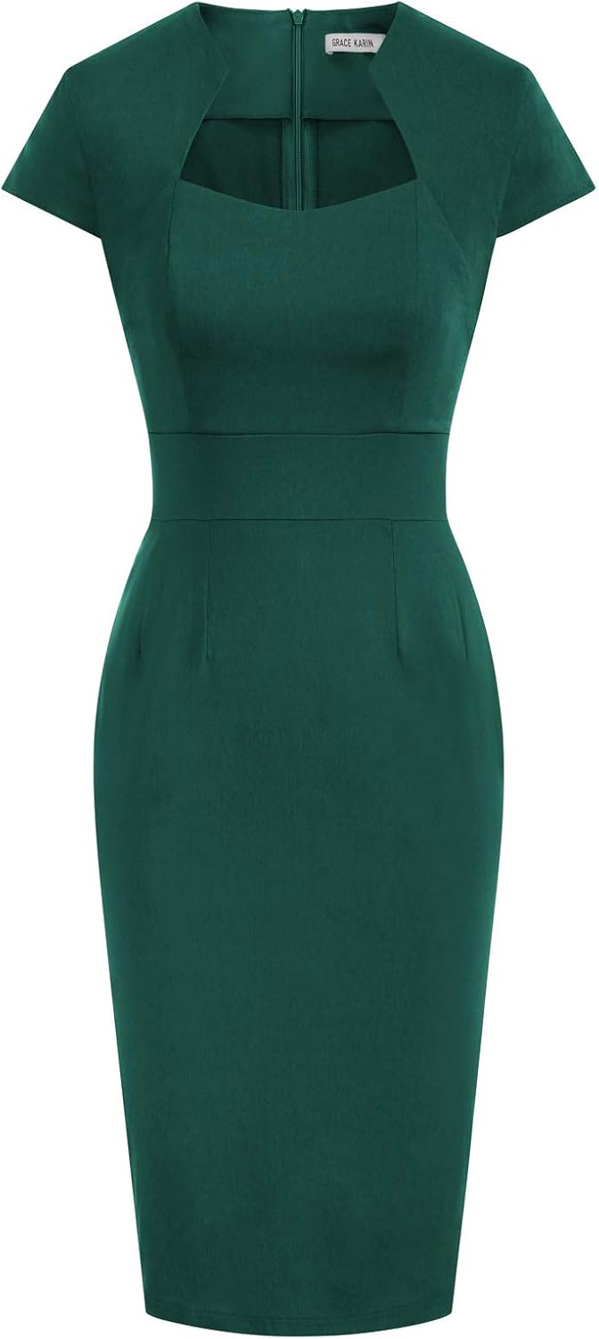 Grace Karin vintage style dark green body-con dress with V-neck