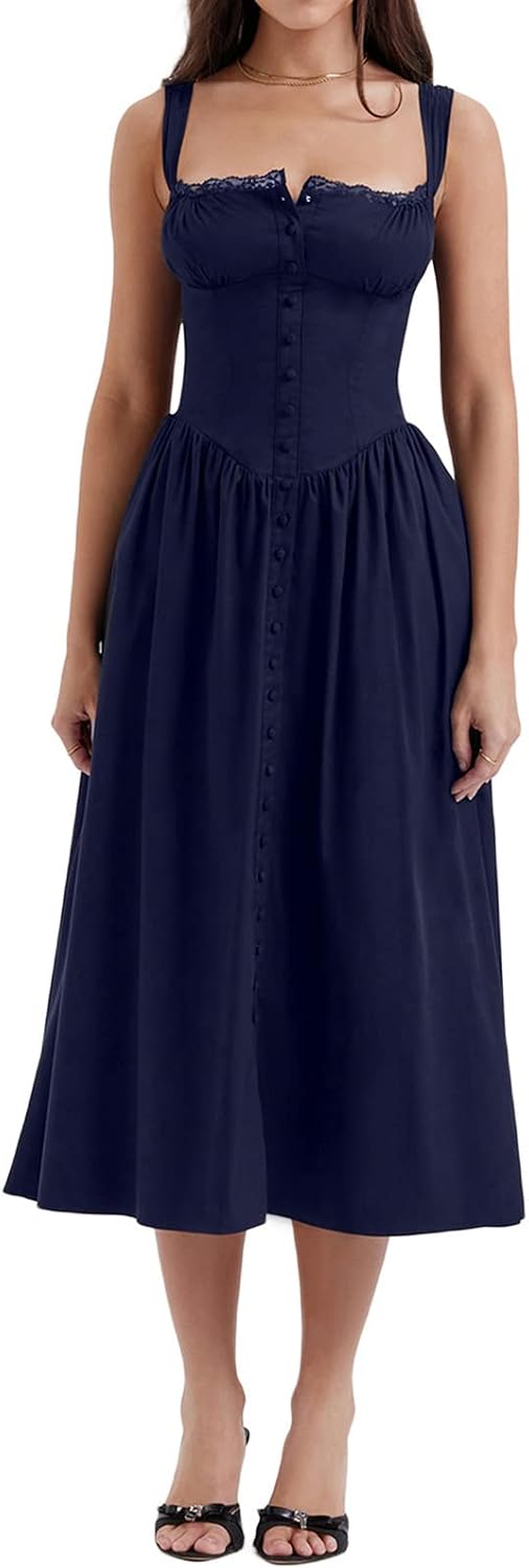 Women's casual navy blue dress with square neck and backless design