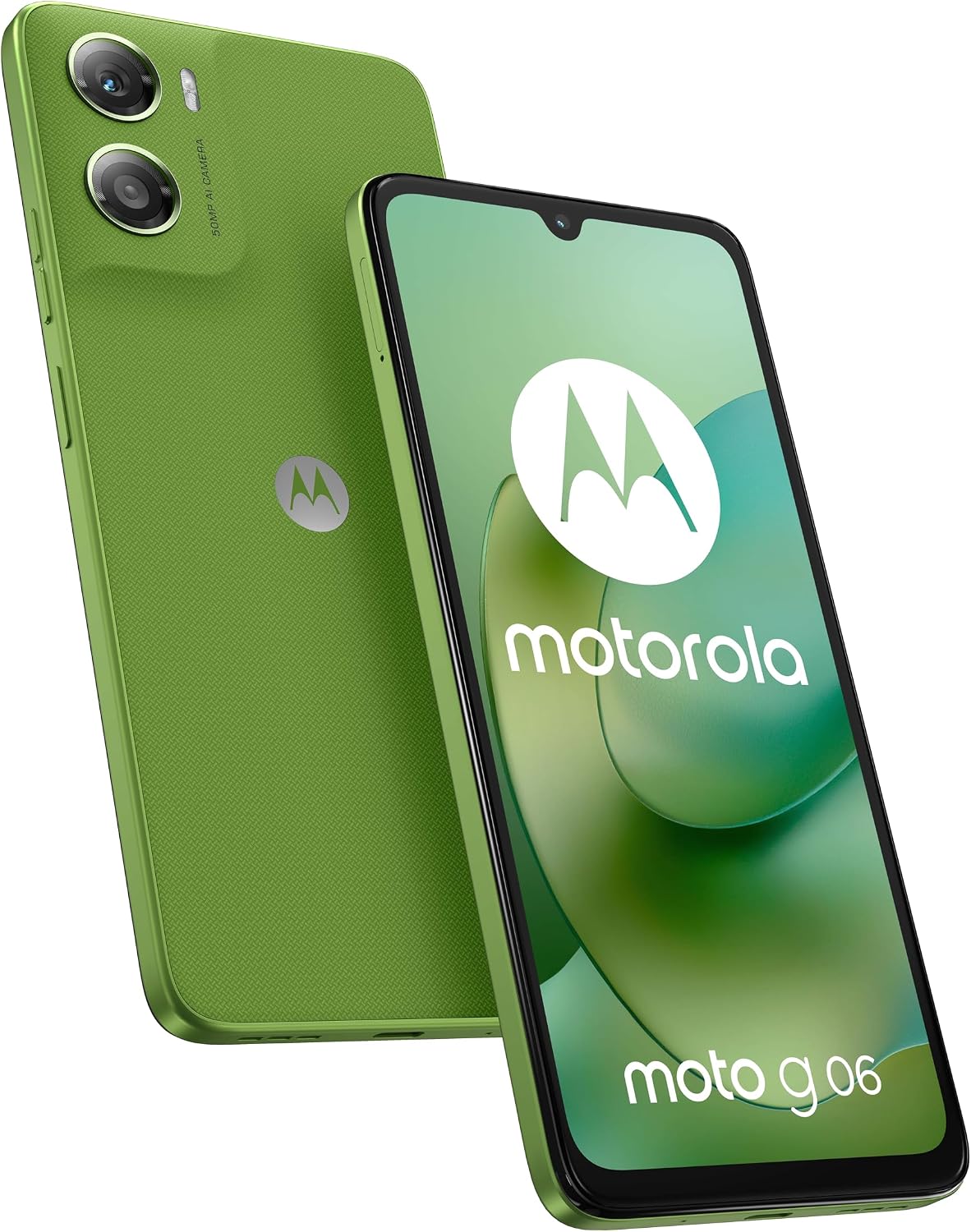 Motorola Moto G06 smartphone in Pantone Tendril color showcasing its screen and dual rear…