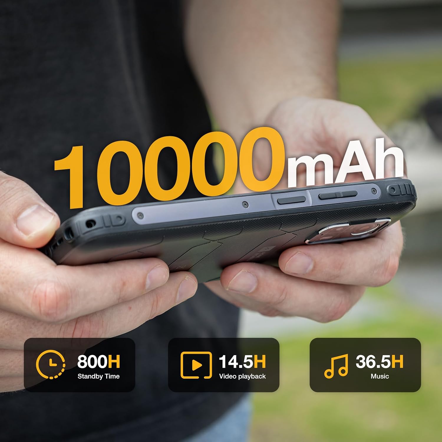هاتف AGM H5 Max الذكي المتين باللون الأسود، يظهر شاشته الكبيرة وبطاريته القوية 10000mAh.