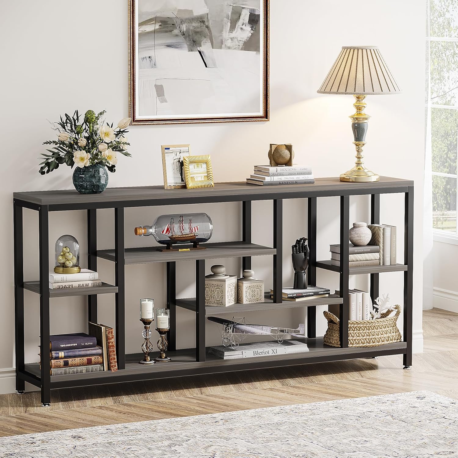 Tribesigns long grey industrial console sofa table