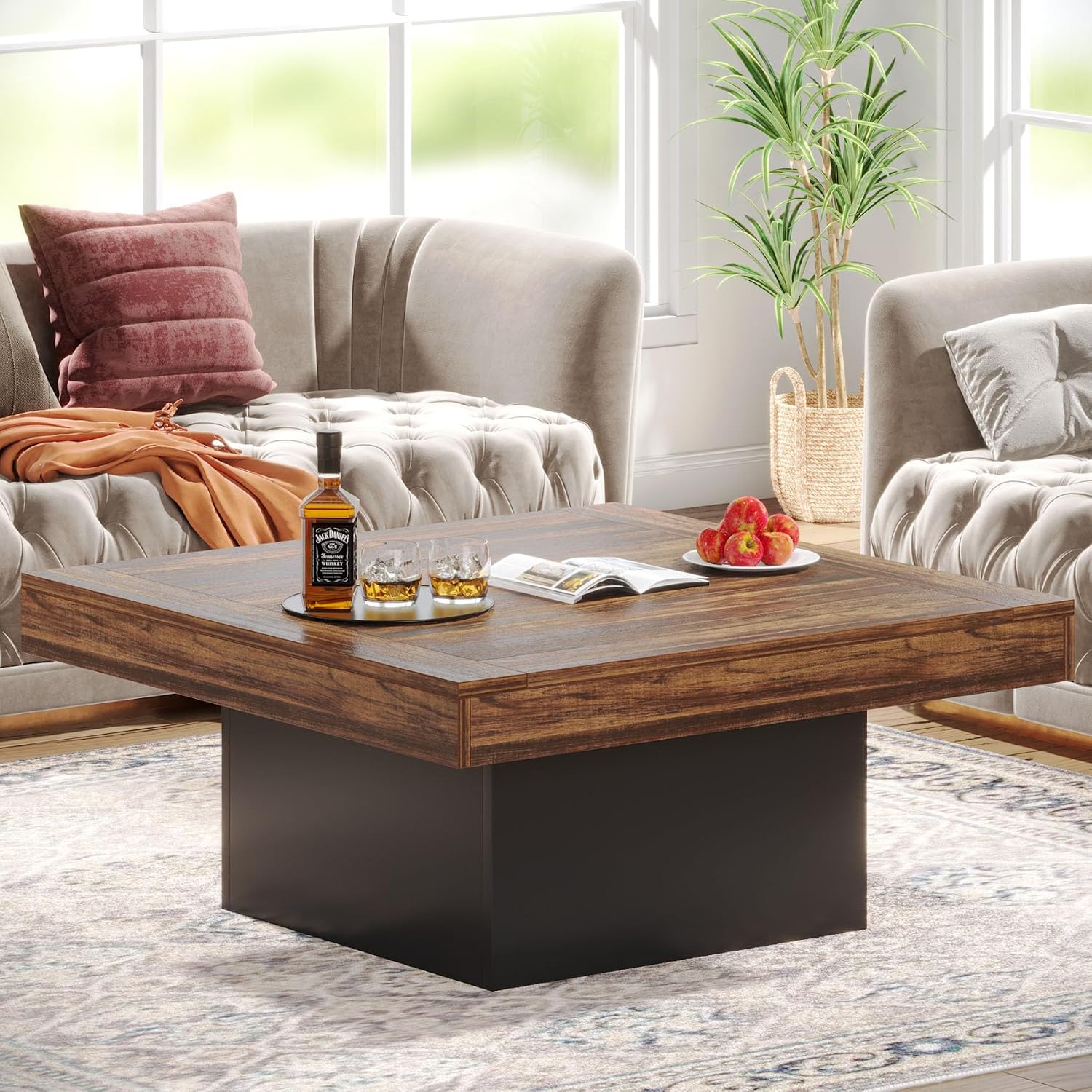 Tribesigns square coffee table with LED lights in rustic brown and black finish