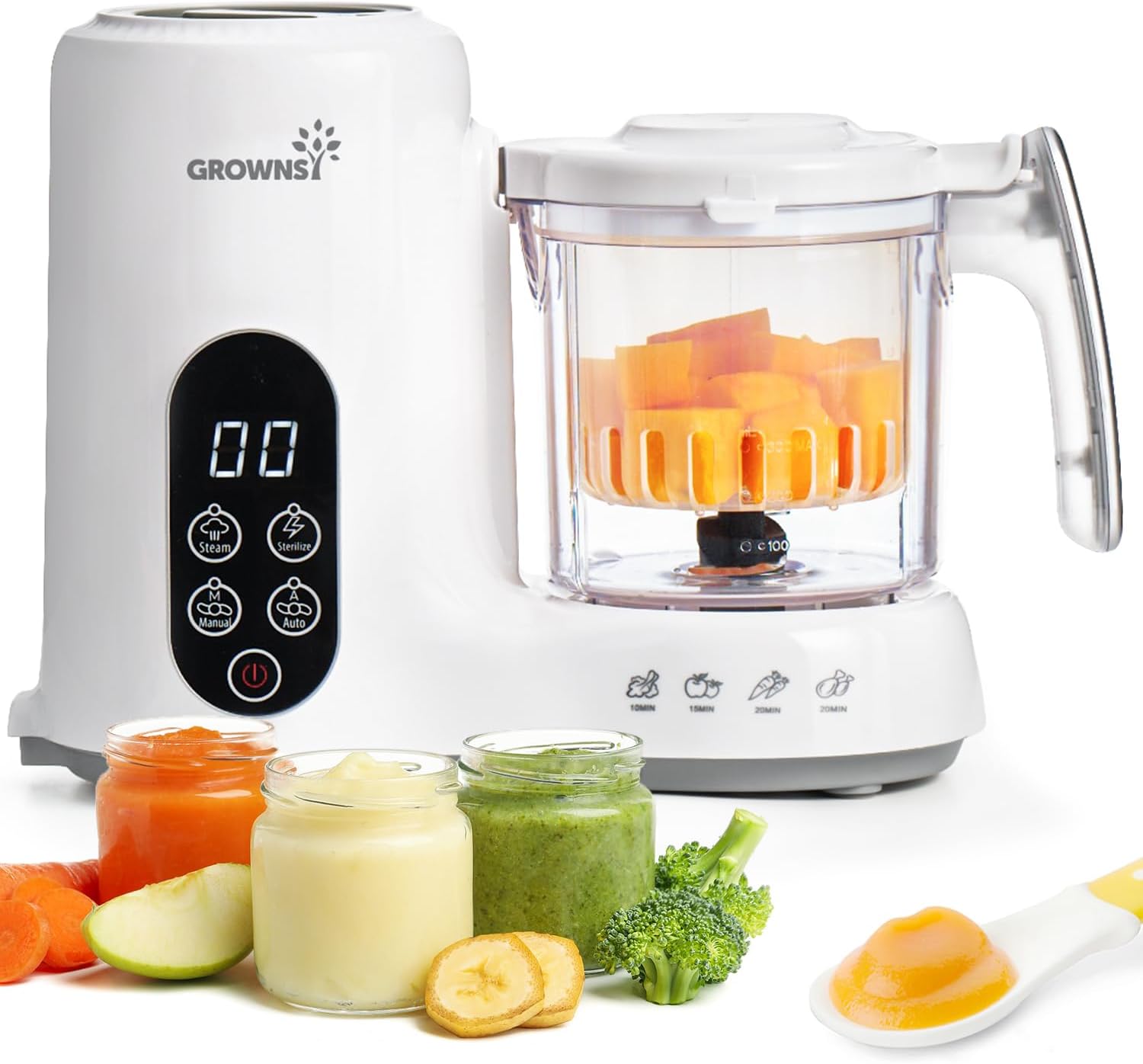 Grunisi 5800S Baby Food Maker in white with blending container