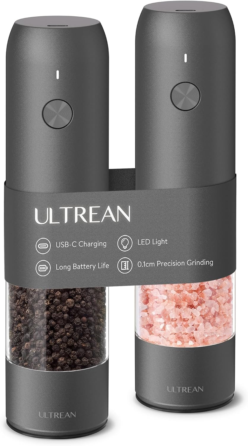 Altran electric salt and pepper grinder set in matte gray with USB-C charging port