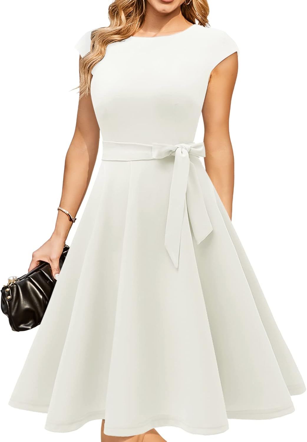 Dressystyles white polka dot cocktail dress for women with cap sleeves