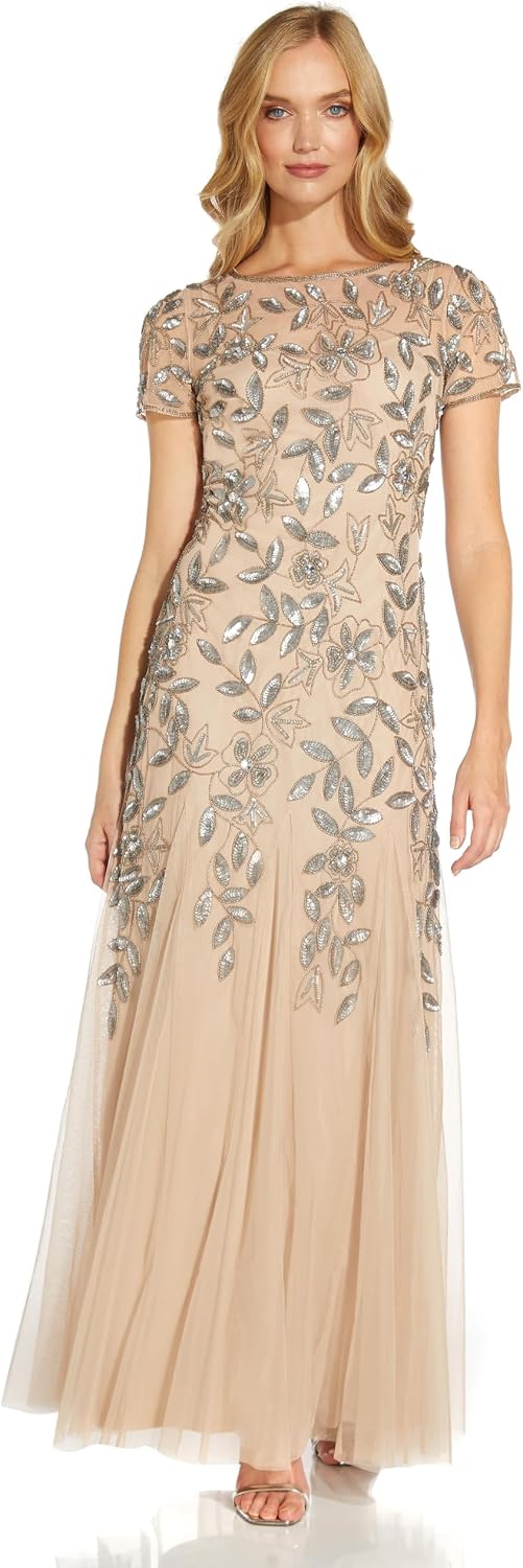 Adrianna Papell Womens Floral Embroidered Cocktail Dress - Dark Gray/Pink product image on…